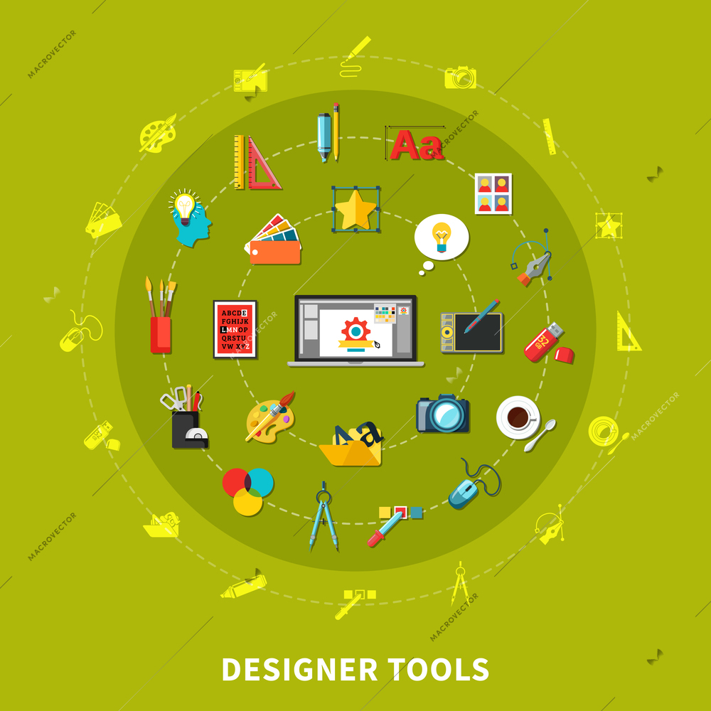 Designer tools colored concept with icon set combined in big circle on green background vector illustration