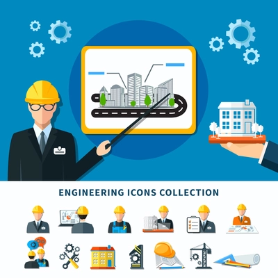 Engineering icon set with isolated maintenance and construction emoji style images with project presentation conceptual composition vector illustration