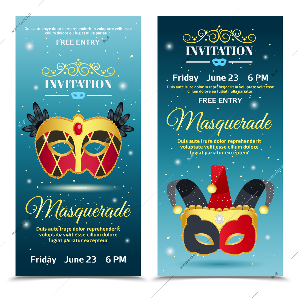 Carnival vertical banners representing  invitation tickets with date of event decorated by clowns mask flat vector illustration