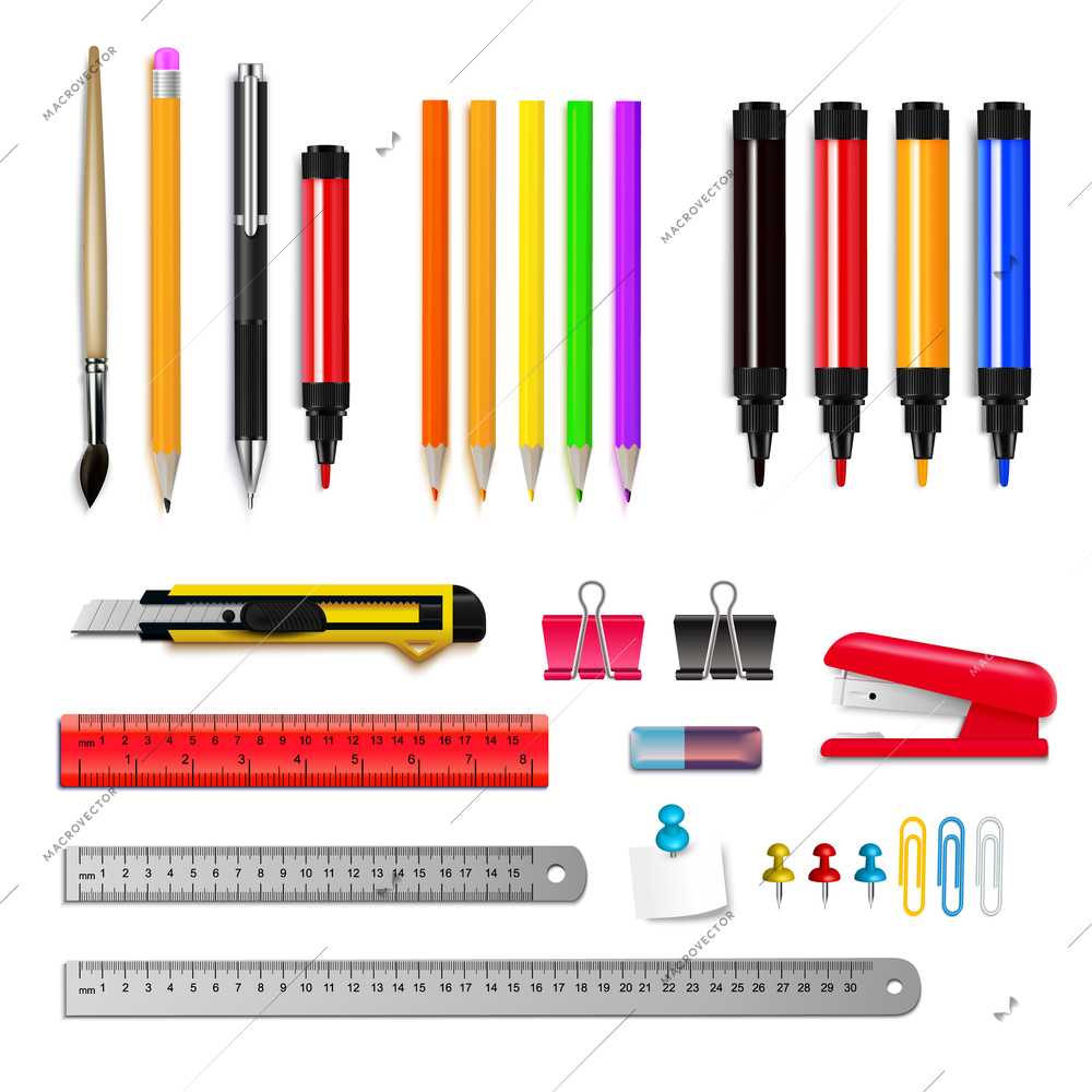 Stationery assortment set of rulers pencils markers and other items isolated on white background realistic vector illustration