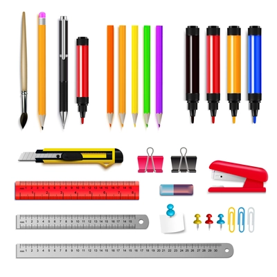 Stationery assortment set of rulers pencils markers and other items isolated on white background realistic vector illustration