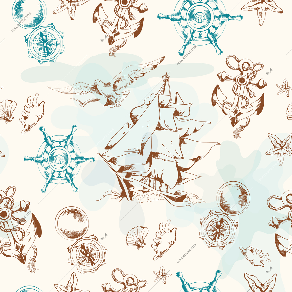 Sea vintage seamless pattern with sailing ship anchor seagulls vector illustration