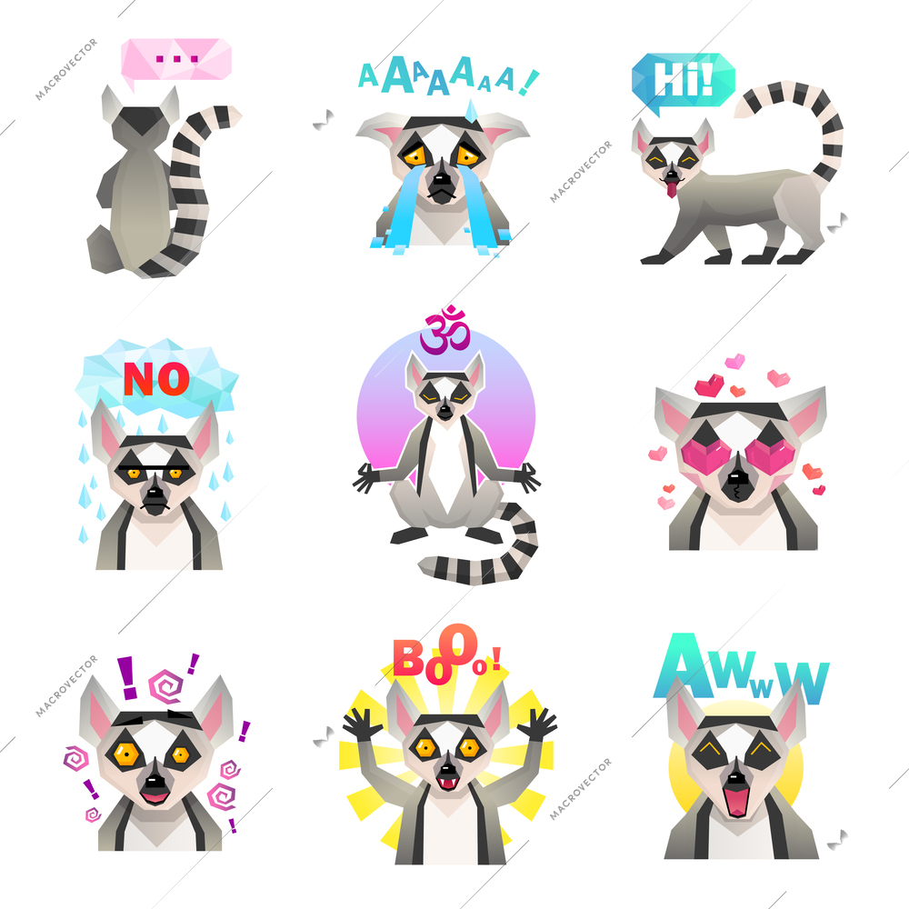 Lemur emotions set of similar flat isolated cartoon macaco character emoticons with decorative signs and text vector illustraton