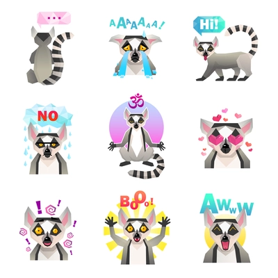 Lemur emotions set of similar flat isolated cartoon macaco character emoticons with decorative signs and text vector illustraton