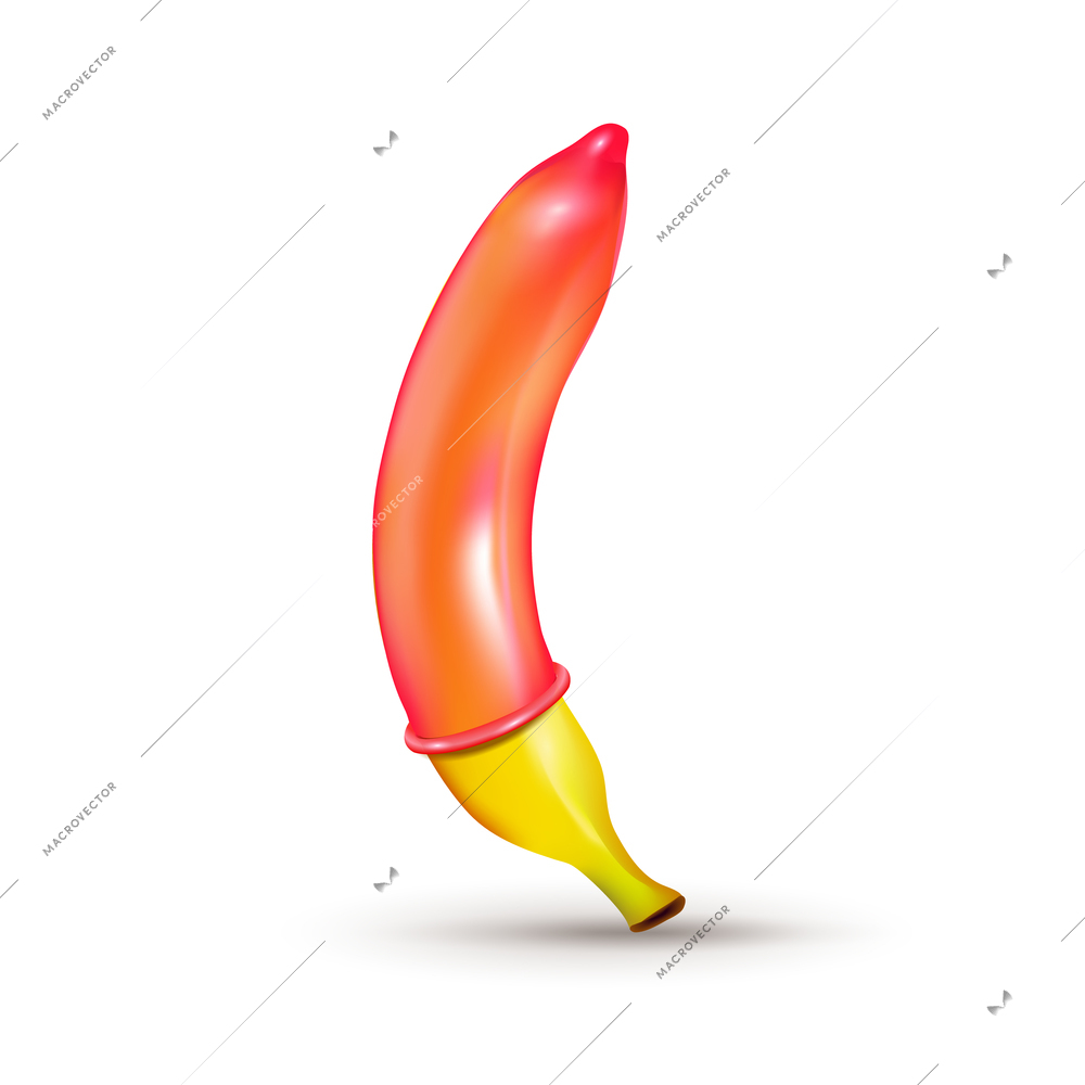 Realistic banana with red condom on it on white background vector illustration