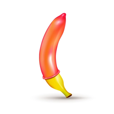 Realistic banana with red condom on it on white background vector illustration