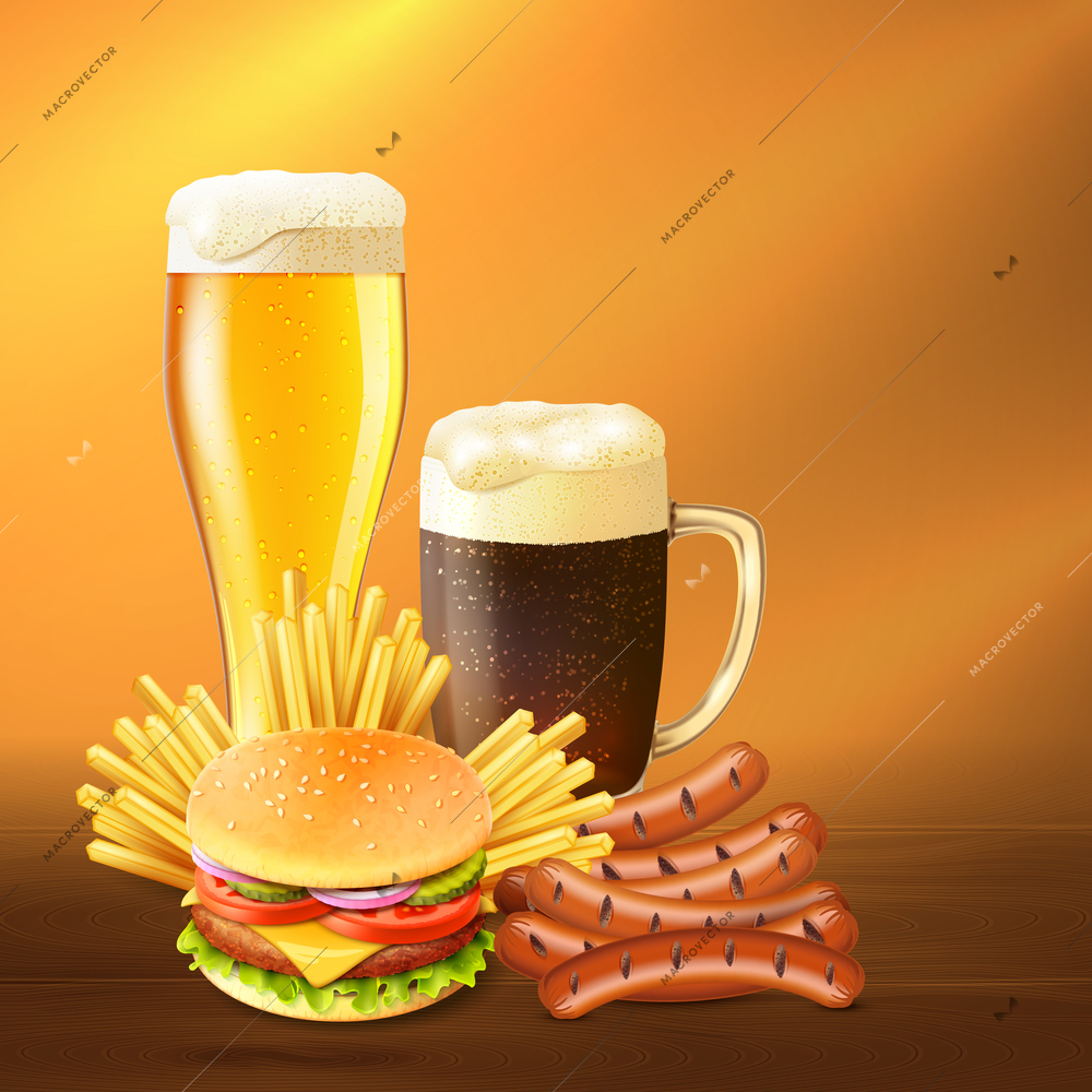 Different starters glass and mug full of cold beer realistic vector illustration