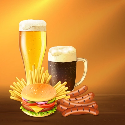 Different starters glass and mug full of cold beer realistic vector illustration