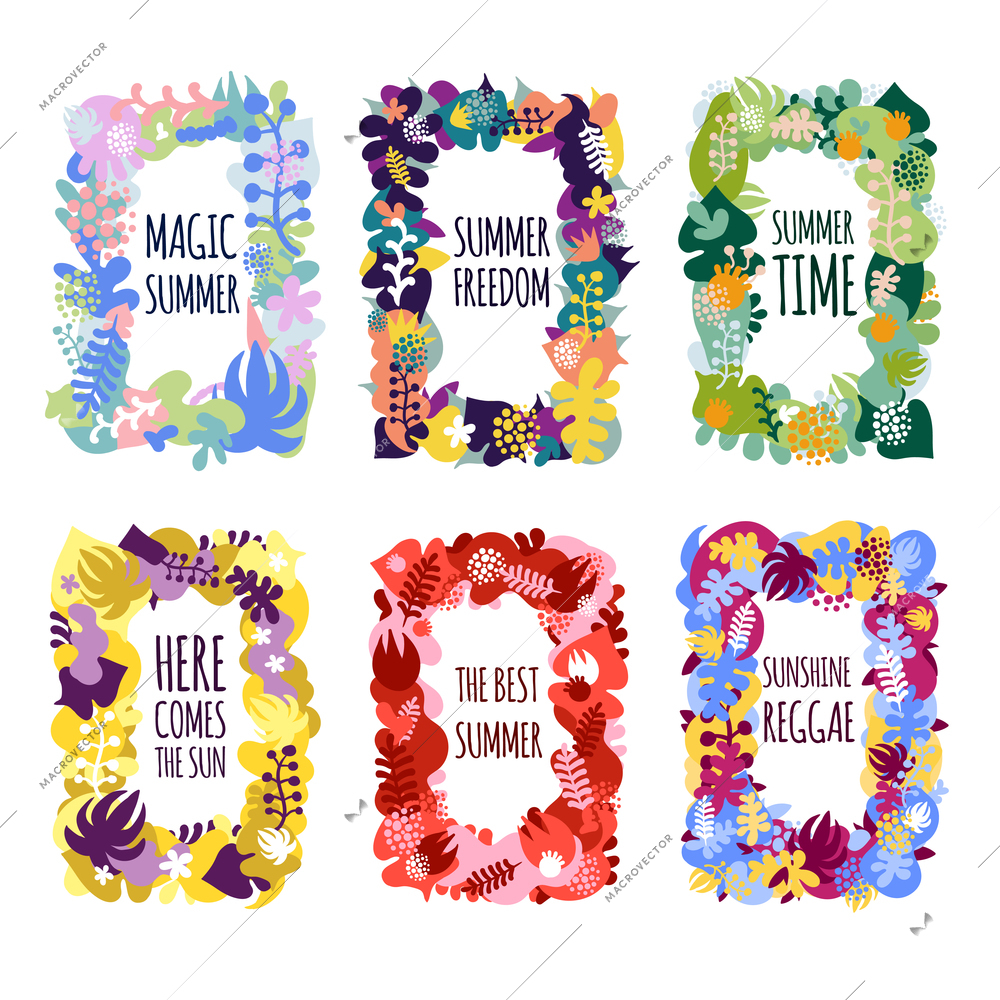 Bright floral summer frames set decorated with colorful flowers leaves and plants isolated on white background flat vector illustration