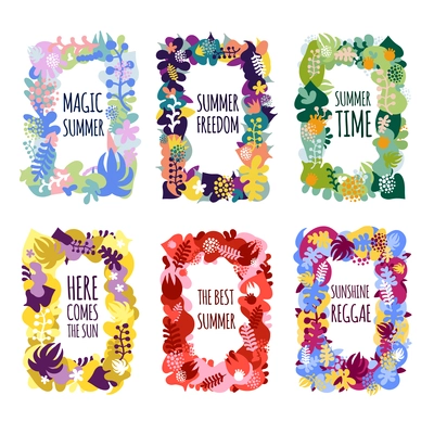 Bright floral summer frames set decorated with colorful flowers leaves and plants isolated on white background flat vector illustration