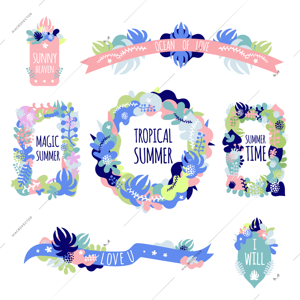 Colorful summer floral compositions of different shape with text isolated on white background flat vector illustration