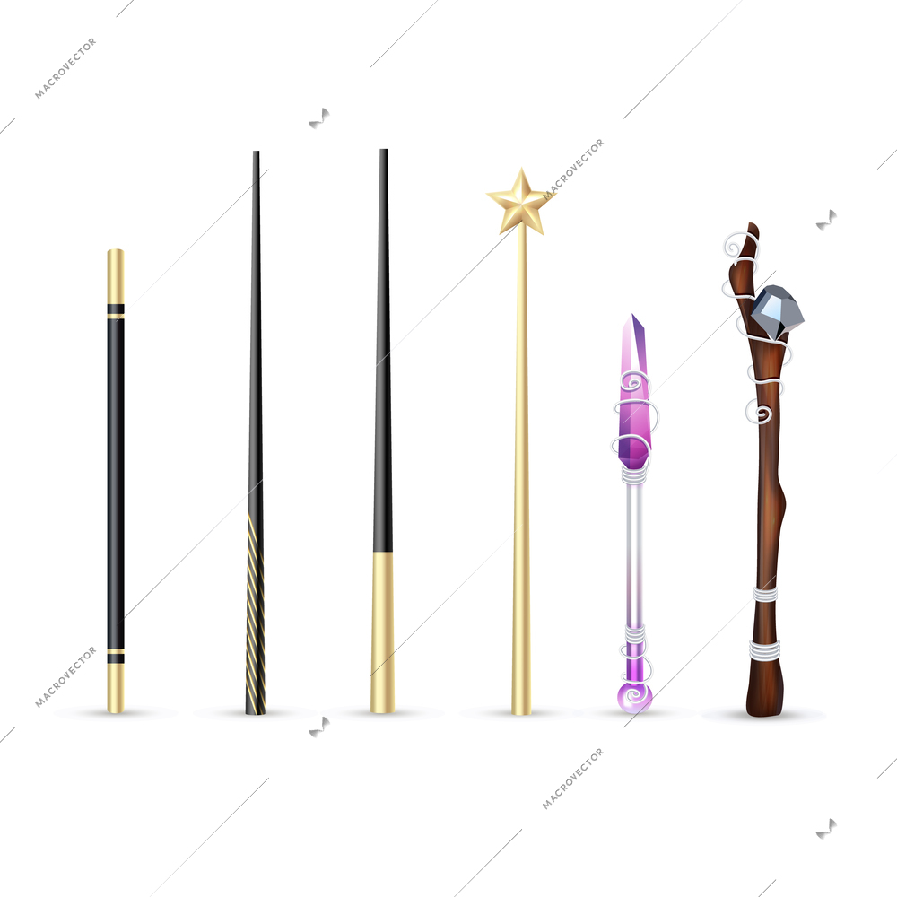 Colorful magic wands of different size and design realistic set isolated on white background vector illustration