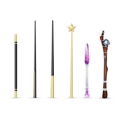 Colorful magic wands of different size and design realistic set isolated on white background vector illustration