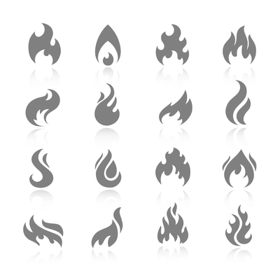 Fire flame burn flare torch shadow icons set isolated vector illustration