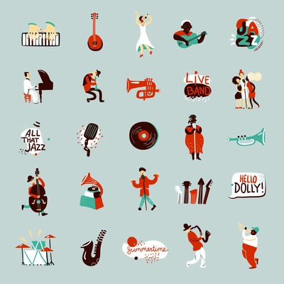 Jazz musicians and various musical instruments flat icons set isolated vector illustration