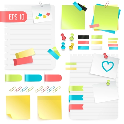 Colorful paper notes set in realistic style with pushpins adhesive tapes and paper clips isolated vector illustration