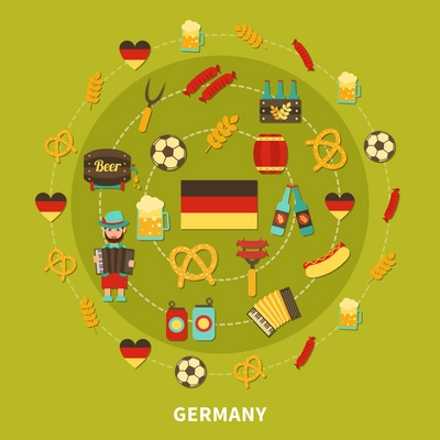 Travel composition of flat isolated germany traditional food and drinks emoji style images and national symbols vector illustration