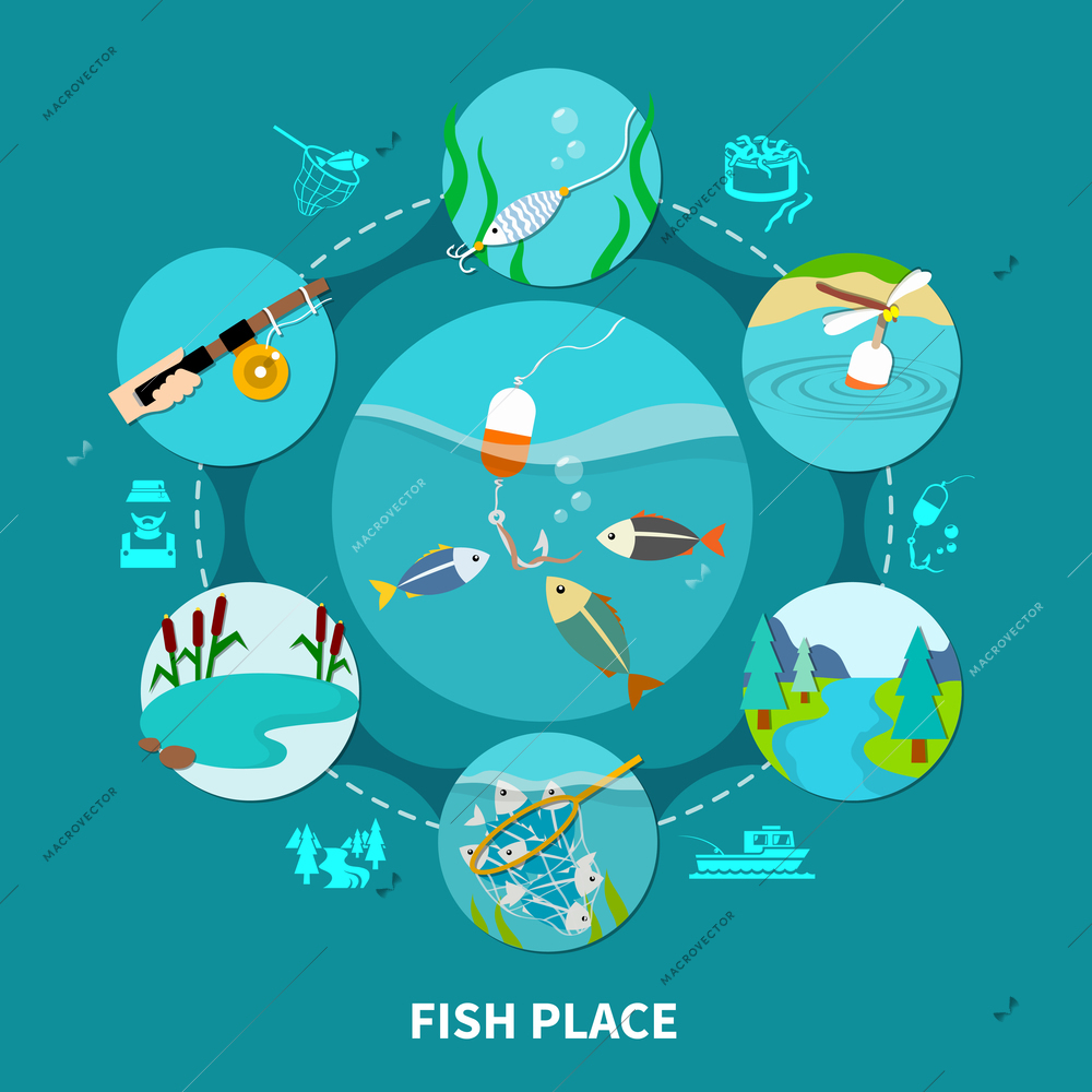 Fishing composition of round fishing area and gear images connected by dashed lines with silhouette icons vector illustration