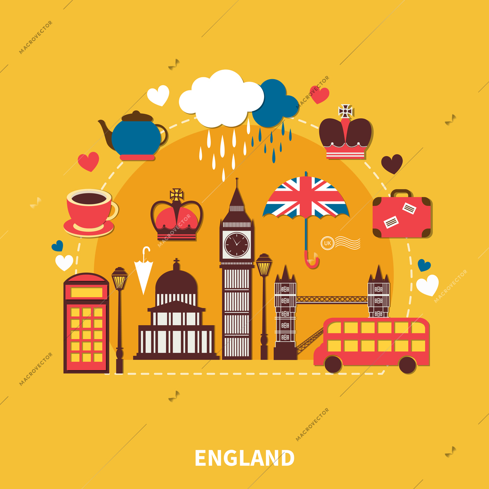 England landmarks design concept with traditional symbols of architecture and culture flat vector illustration