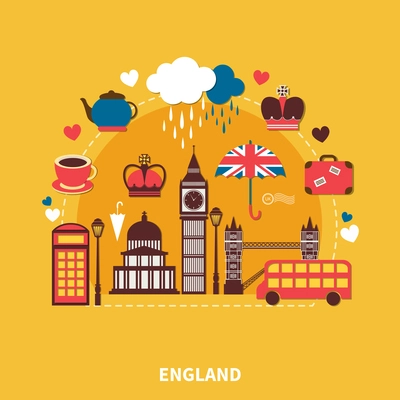 England landmarks design concept with traditional symbols of architecture and culture flat vector illustration