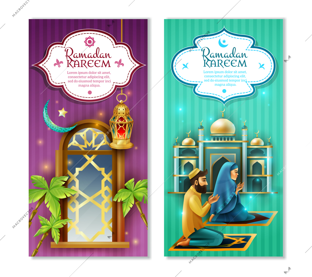 Ramadan muslims religious holy month fasting and praying practice symbols 2 vertical banners set isolated vector illustration