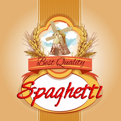 Best quality delicious wheat grain spaghetti pasta pack label with windmill emblem vector illustration