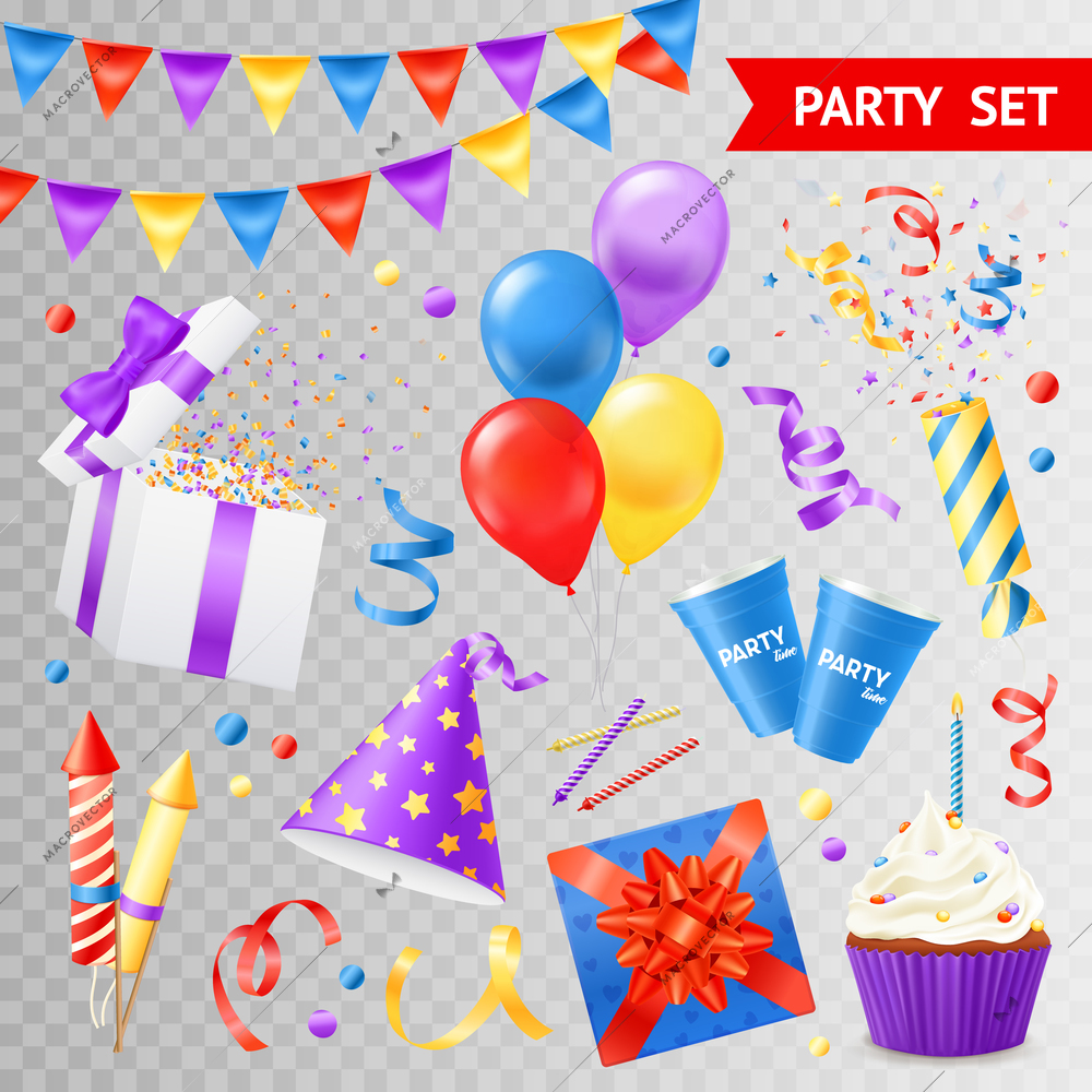 Colorful objects for parties and holidays set isolated on transparent background flat vector illustration