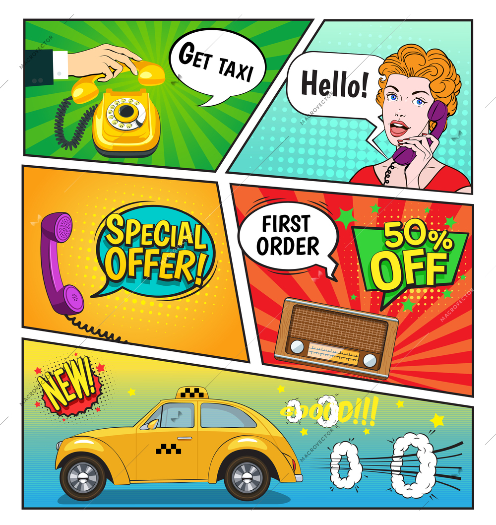 Advertising of taxi service comic book page including speech bubbles discounts, woman with phone, radio vector illustration