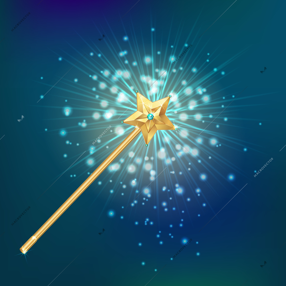 Golden magic wand decorated with star on night sky and bright flares background realistic vector illustration