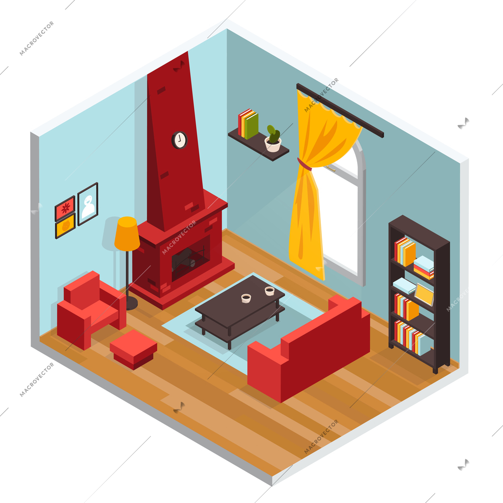 Living room interior concept with sofa fireplace and armchair isometric vector illustration