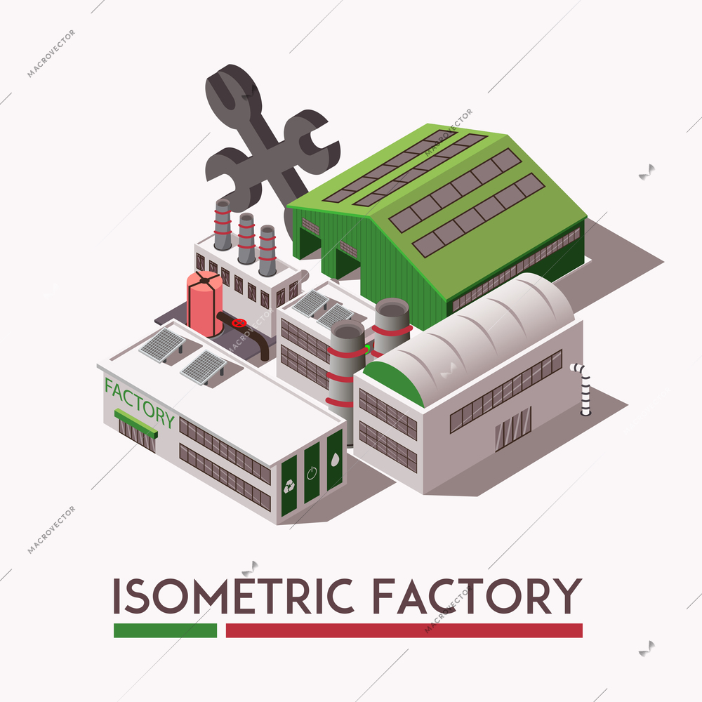 Grey and green factory industrial isometric buildings set on light background 3d vector illustration