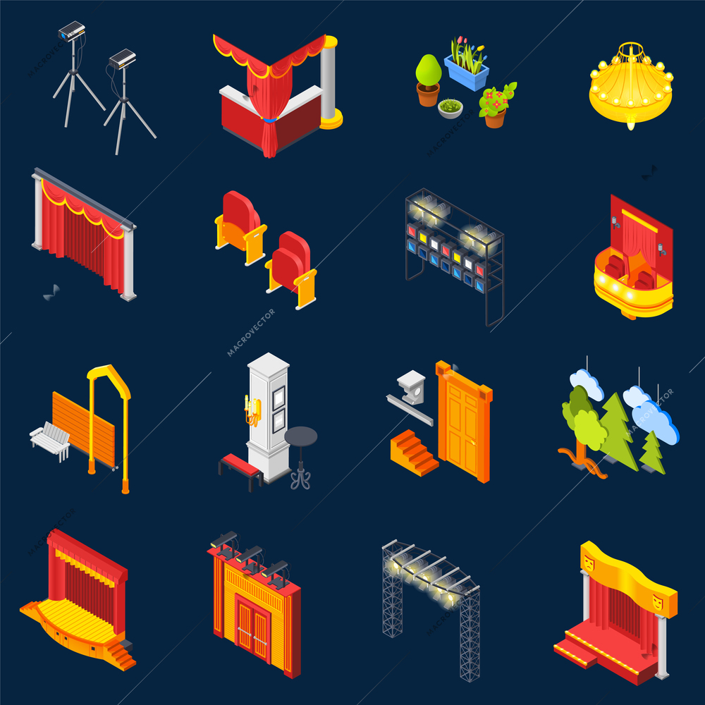 Theatre isometric icons set on blue background isolated vector illustration