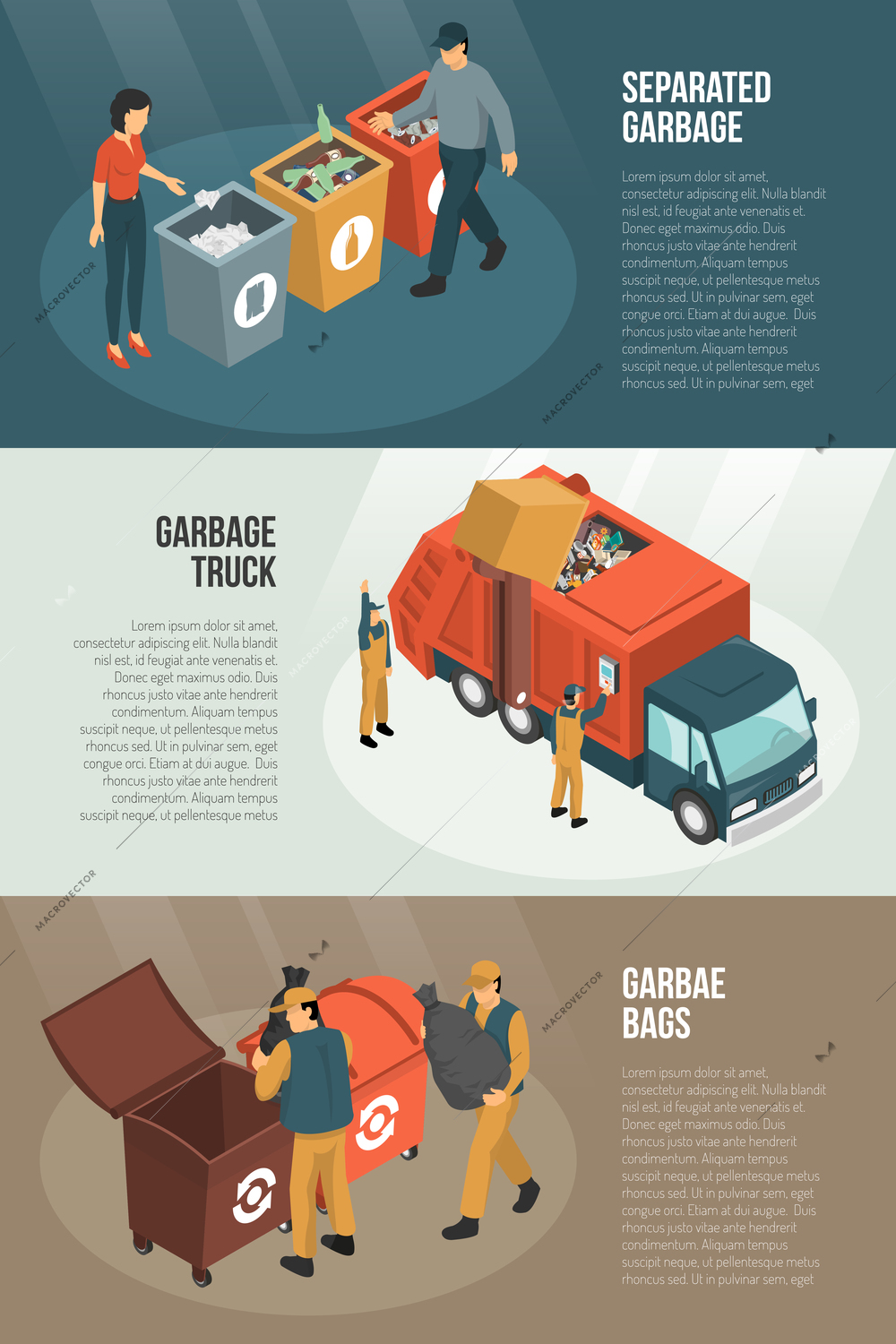 Three isolated isometric garbage recycling horizontal banner set with separated truck garbage and bags descriptions vector illustration