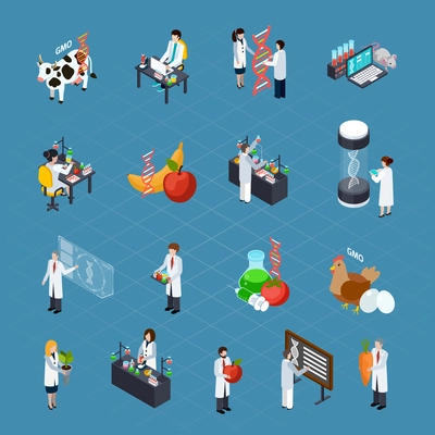 GMO related icons set with researchers conducting scientific experiments dna signs genetically modified products and home animals isometric vector illustration