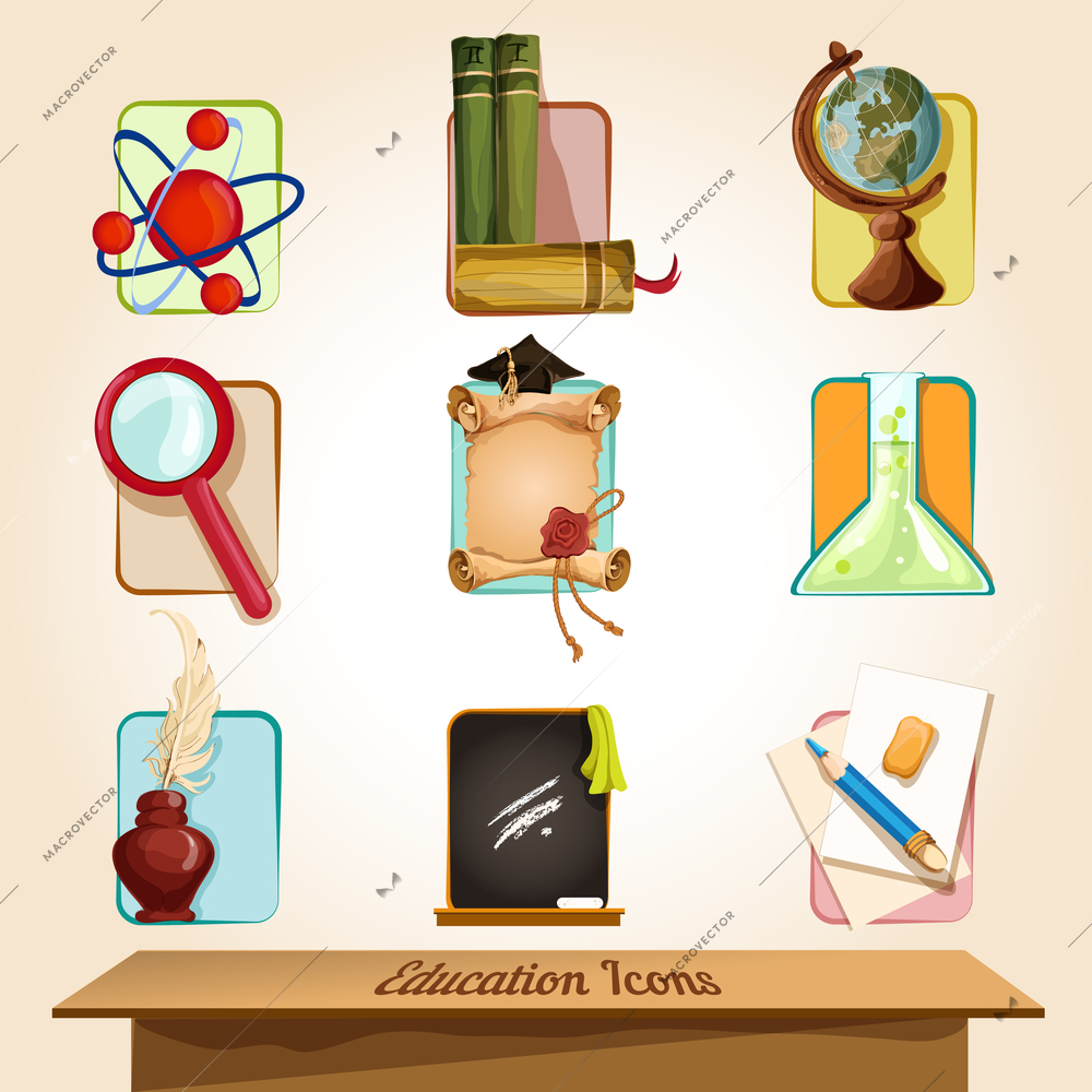 Vintage education icon set of atom book globe magnifier certificate set isolated vector illustration