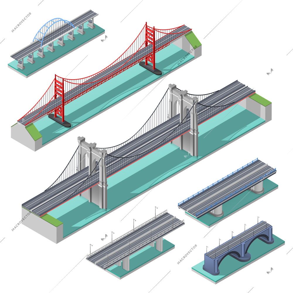 Bridges isometric set above river bay or lake isolated vector illustration