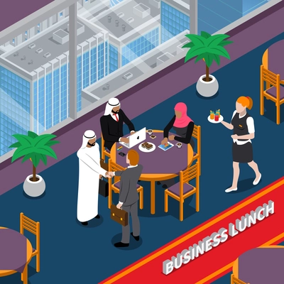 Arab group of persons and european partner during business lunch in restaurant in skyscraper isometric vector illustration