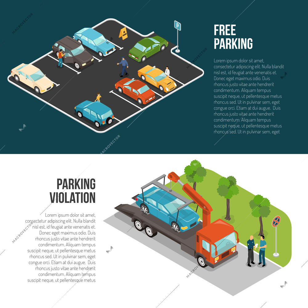 Two horizontal colored car parking banner set with free parking and violation vector illustration