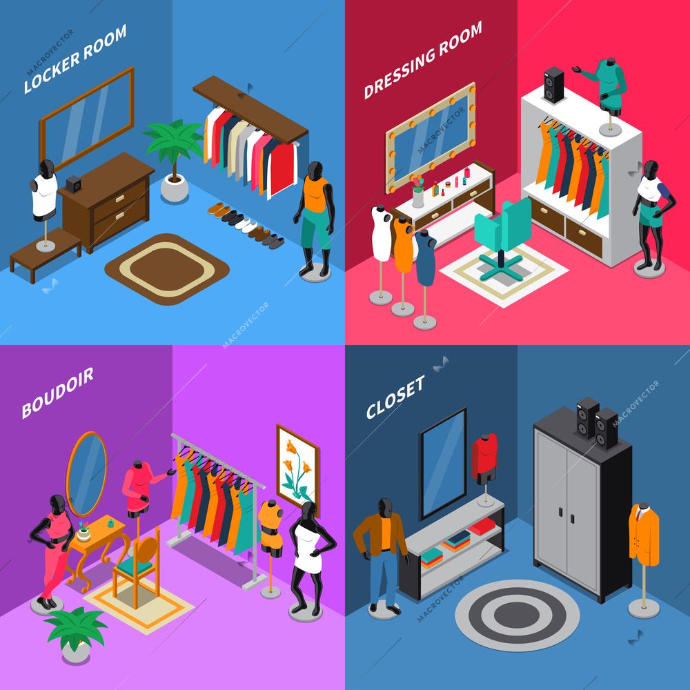 Isometric compositions with mannequins in clothing near dressing tables and wardrobe mirror and carpet isolated vector illustration