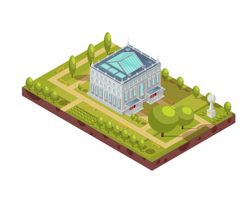 Isometric layout of classic university building with glass roof, green park and monument 3d vector illustration