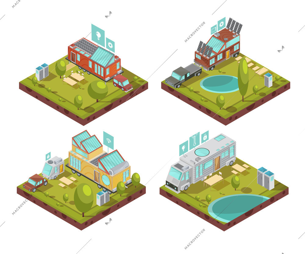 Isometric compositions with mobile house, roof solar panels, technologies icons at campsite in summertime isolated vector illustration