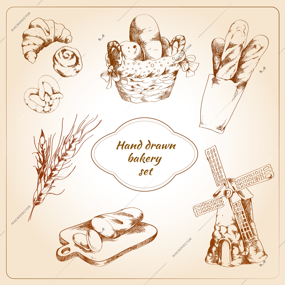 Bakery bread and pastry food hand drawn icons set isolated vector illustration