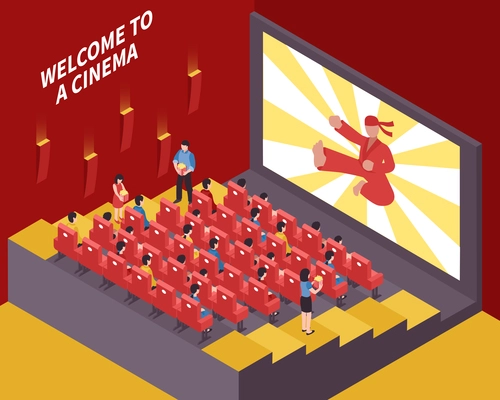 Isometric cinema movie theater indoor composition with cinema hall and rows of seats with sitting people vector illustration