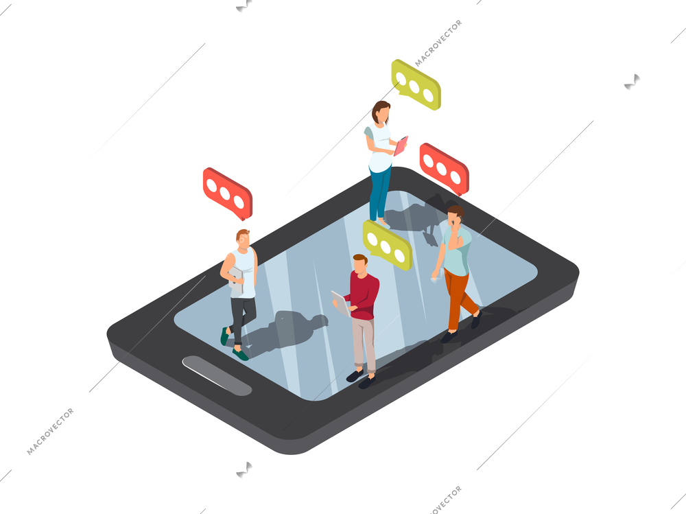 Gadgets people social composition with isometric image of smartphone and human figures on top of screen vector illustration