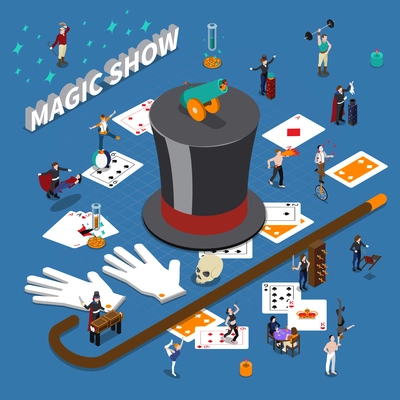 Magic show isometric composition with masters of tricks, cane, hat, playing cards on blue background vector illustration