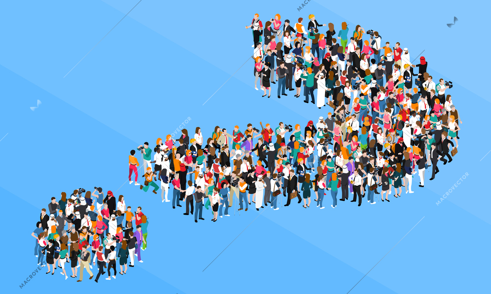 Organized crowd standing in form of question mark isometric design concept on blue background vector illustration