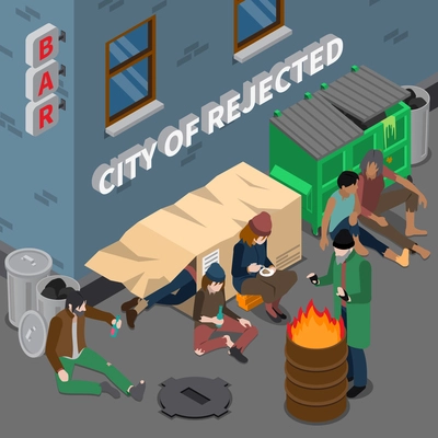 Isometric composition with lifestyle of homeless people including sleep in box near trash alcoholic addiction vector illustration