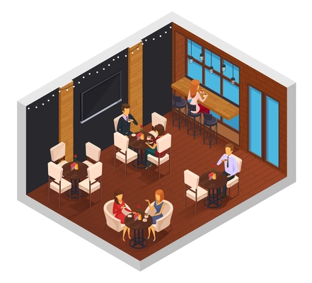 Cafe interior restaurant pizzeria bistro canteen isometric composition with window tv set tables and visitor characters vector illustration