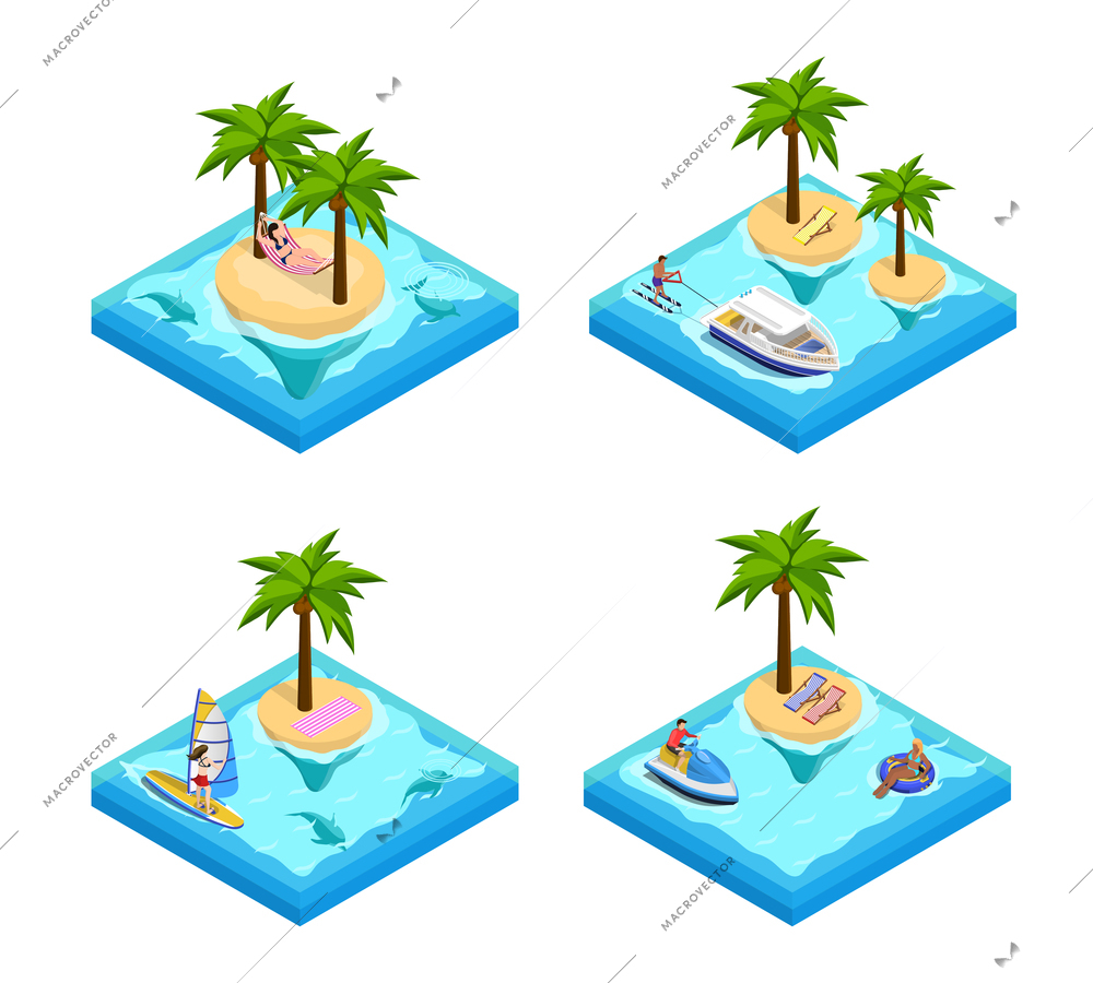 Island vacation isometric set with palm and beach isolated vector illustration