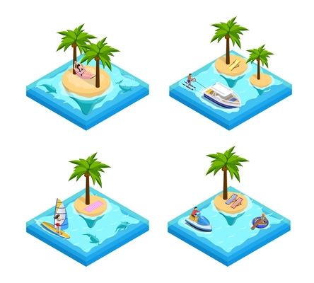 Island vacation isometric set with palm and beach isolated vector illustration